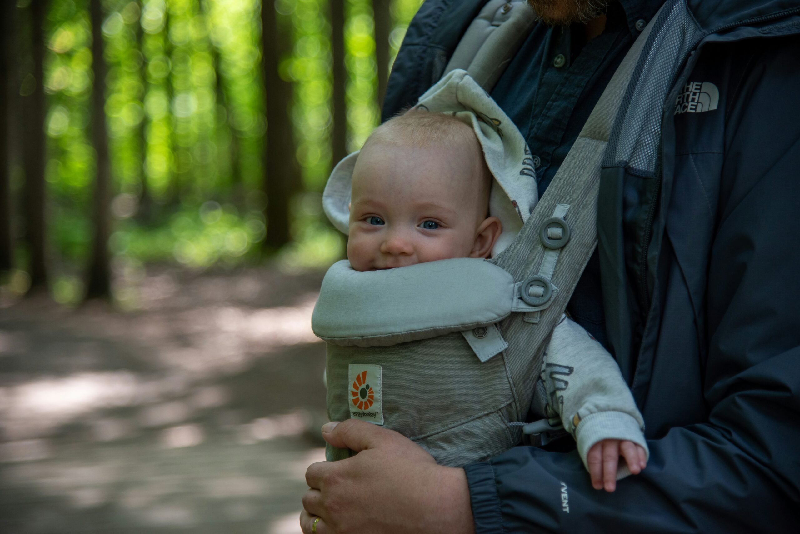 Smiling baby in a front carrier held by an adult, in a forest with sunlight filtering through the trees. Baby Carrier Breakdown