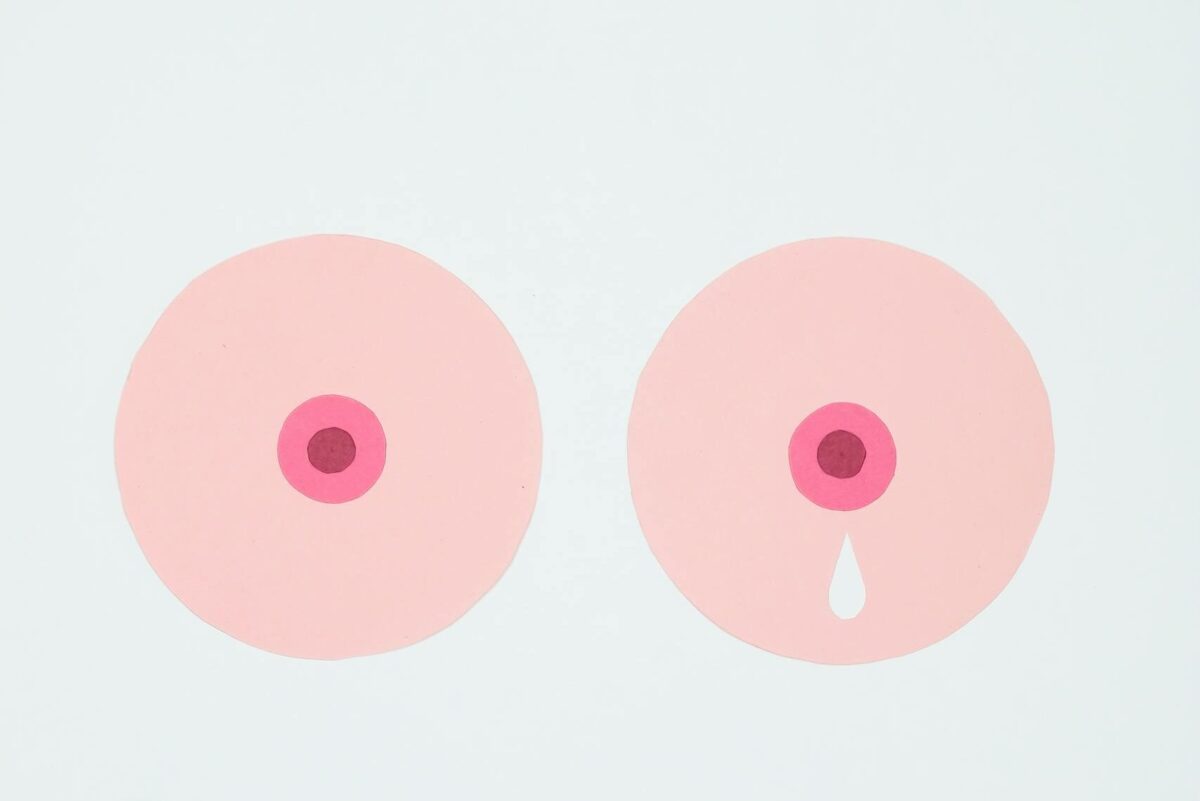 Simple graphic representing breastfeeding, featuring two stylized breasts on a white background. quitting pumping